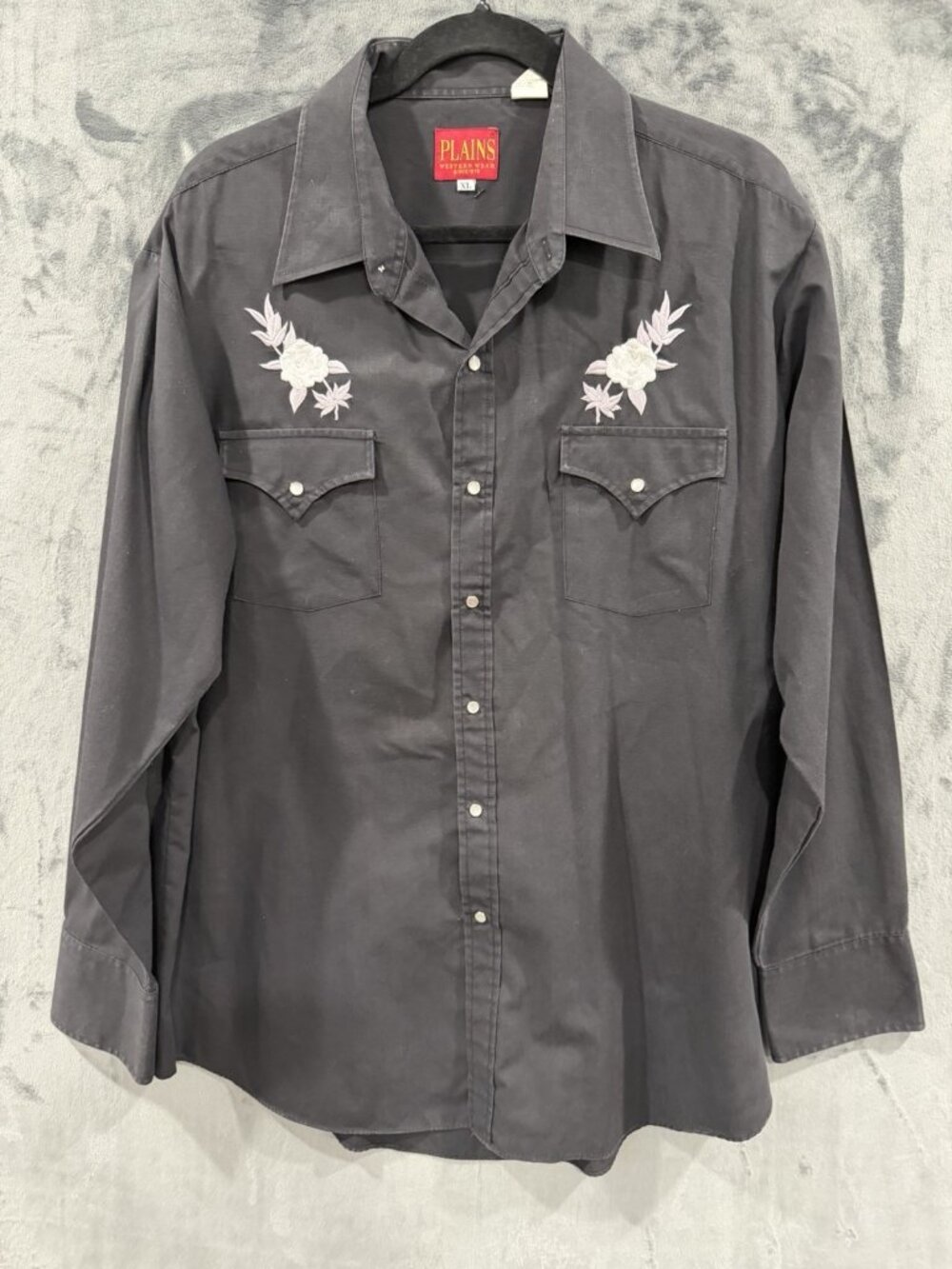 Plains Western Wear Shirt Adult XL Black White Embroidered Pearl Snap Cowboy